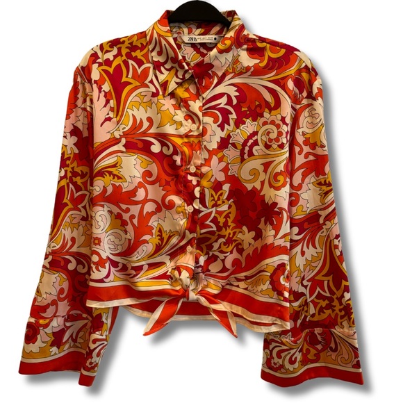 ZARA 70’s Retro Vibrant Crop Blouse Bell Sleeve Collared Button Down Tie Front - Picture 3 of 13